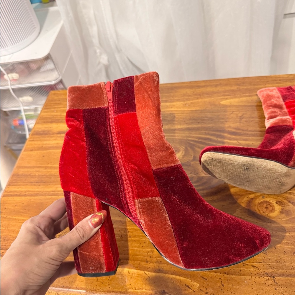 Red Velvet Patchwork Ankle Boots Block Heel Retro Statement Size 7.5